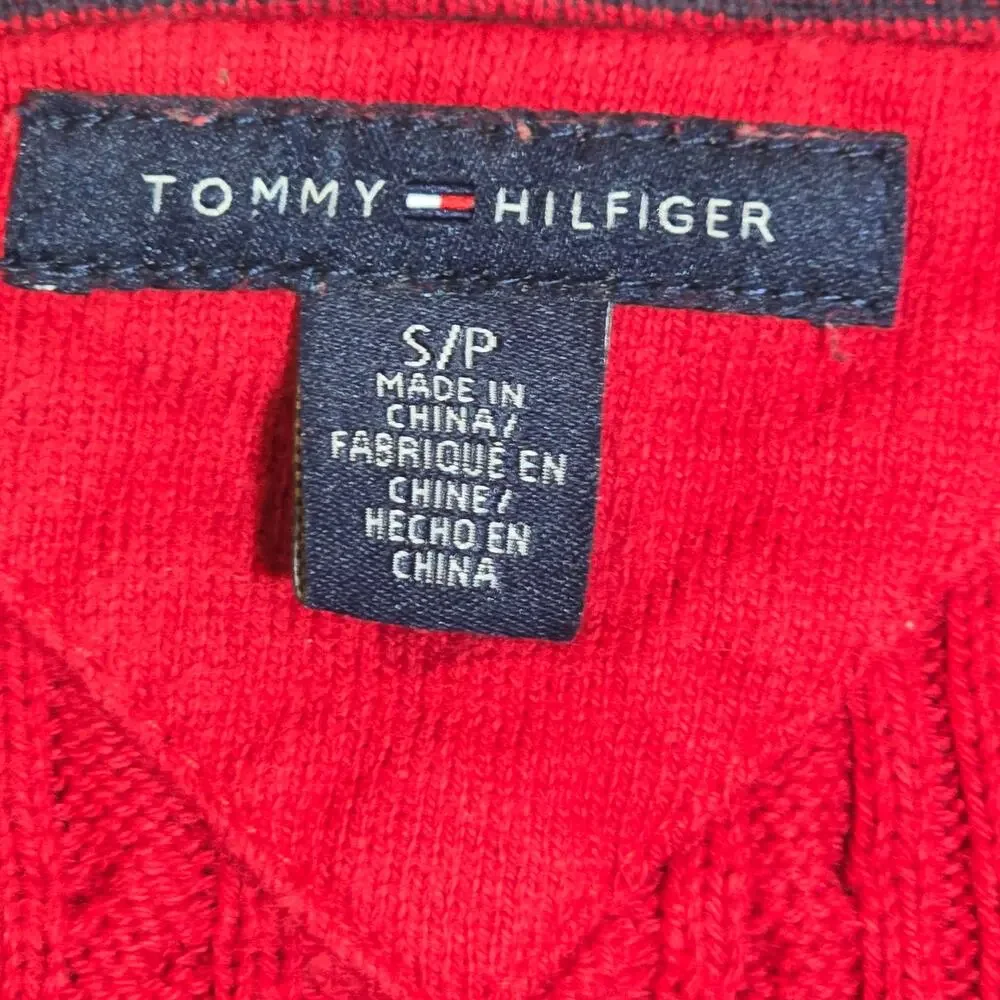 Y2K Tommy Hilfiger Cable Knit Sweater Pullover Top Red V Neck Women's Size Small